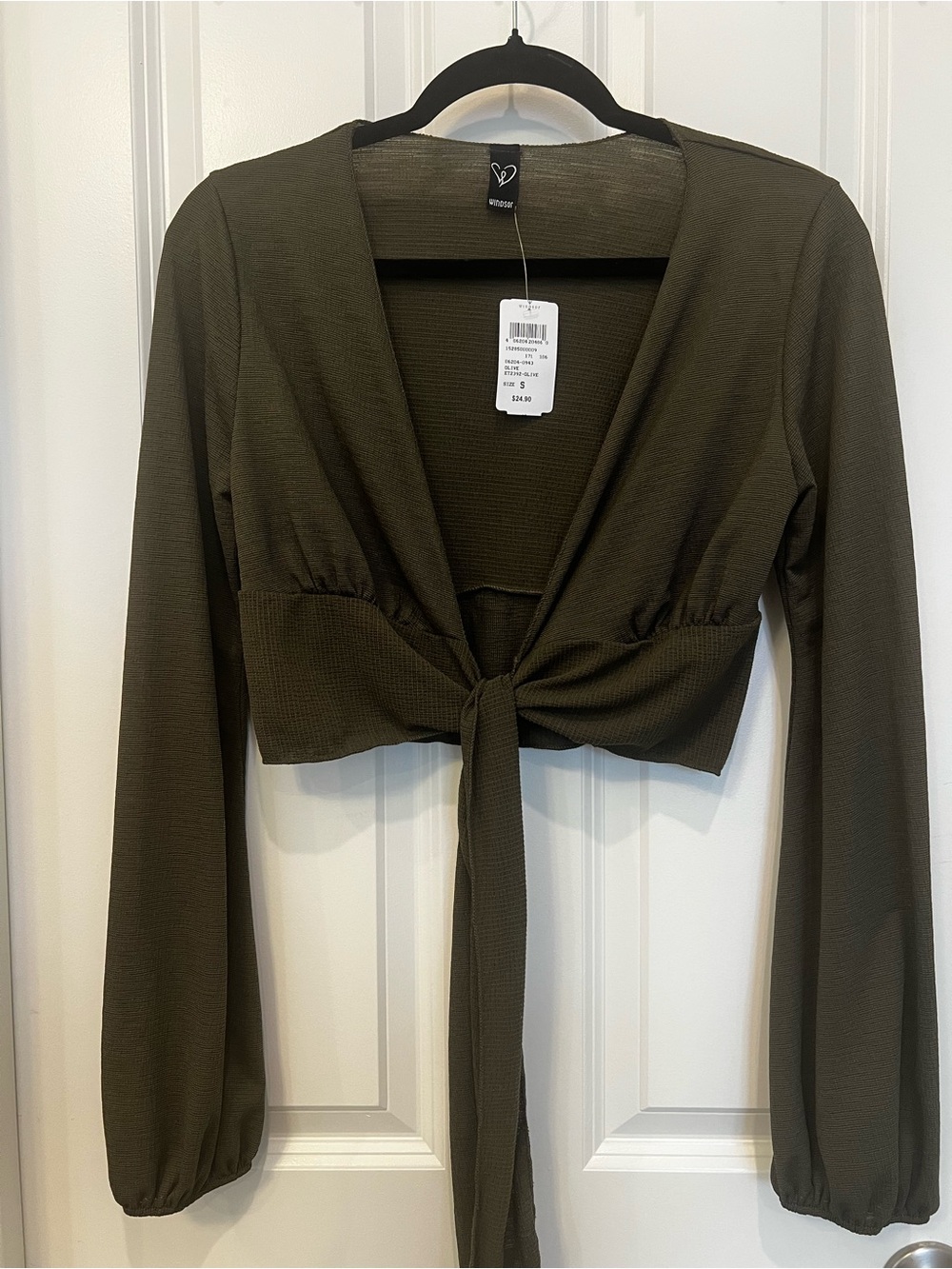 Windsor Olive Green Tie-Front Long Sleeve Crop Top